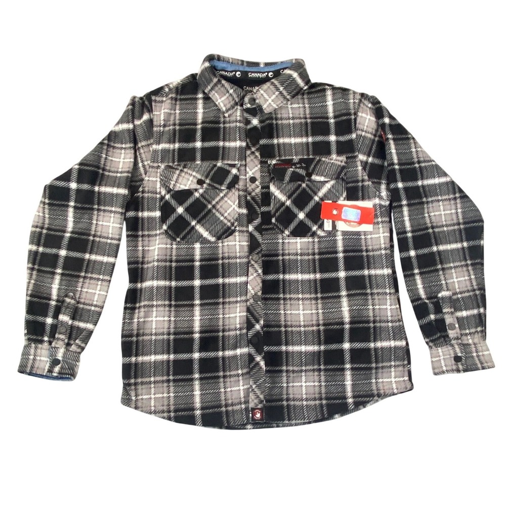 Canada Weather Gear‎ Mens Heavy Fleece Plaid Button Down Black Grey White Large